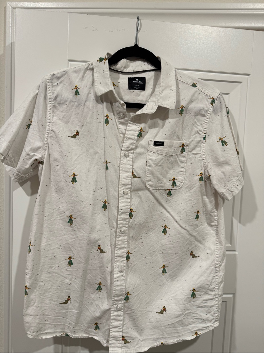 Boys XL/16 White Short-Sleeve Button-Up Shirt with Hula Embroidery